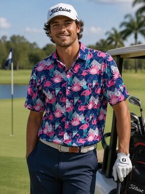 USKOY Pink Blue Flamingo Golf Activewear Button Down Shirt Size M